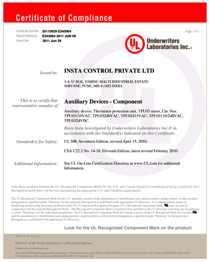 Insta Control Private Limited - Certification